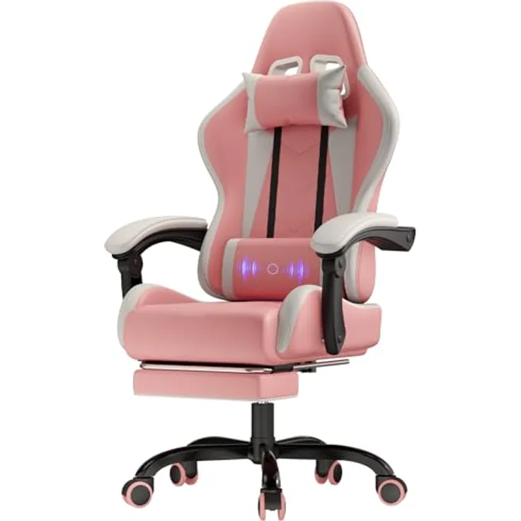 JUMMICO Gaming Stuhl, Bürostuhl Ergonomisch Mit Massagefunktion, Gamer Stuhl verstellbare Rückenlehne 90-135°,und fußstütze, Gamingstuhl 150 kg belastbarkeit, rosa