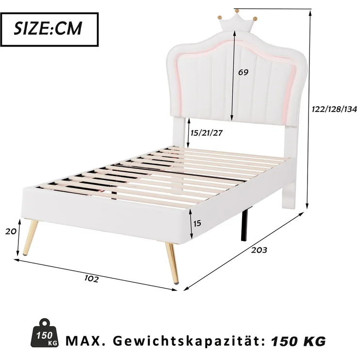 Kinderbett mit Muschel-Kopfteil und Krone, LED-Licht mit Farbwechsel, höhenverstellbarem Kopfteil, stabiler Holzlattenbasis – Bild 8