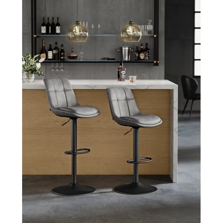 Vasagle Barhocker 2er Set, Barstühle höhenverstellbar, drehbare Küchenhocker, gesteppter PU-Bezug, mit Rückenlehne und Fußstütze, Esszimmer, Theke, Stahl, Taubengrau LJBDE095G01