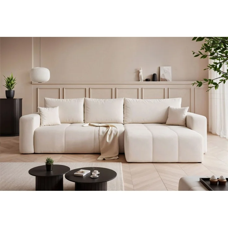 Ecksofa Schlafsofa Sofa LEROS XL in Stoff Manila Creme Ottomane Rechts – Bild 1