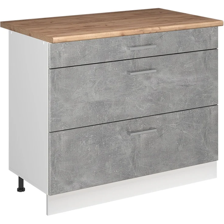 Küchenunterschrank R-Line Beton/Weiß 100 cm Arbeitsplatte Goldkraft Eiche Vicco – Bild 1
