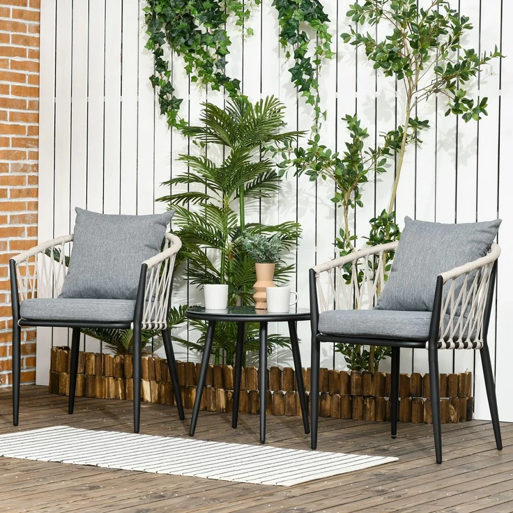 MELAYR, Gartenmöbel Set für 2 Personen inkl. 1 Tisch, 2 Stühlen mit Sitzkissen, Balkon-Set, Stahl, Grau, 57 x 60 x 75 cm – Bild 4