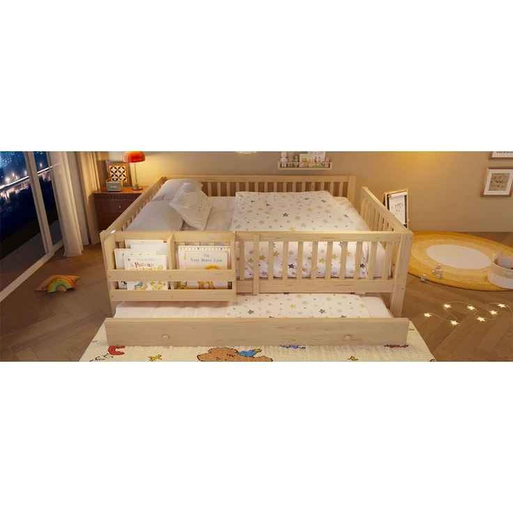 ZUBALIYA Holzbett 140 x 200 cm – Ausziehbett, flexible Montage, Geländer, MDF, Kiefer, Holzfarbe – Bild 12