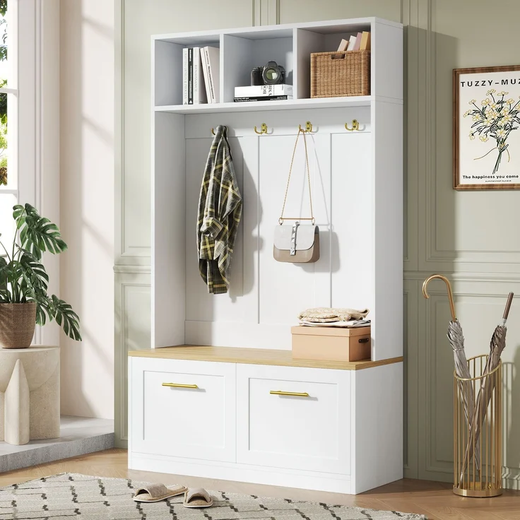 Garderobenset mit Sitzbank, offenem Stauraum und 2 Türen – Kompaktgarderobe mit 4 Haken, in Natur & Weiß, Maße 105 × 40 × 180 cm--Natur + Weiß--105x40x180cm--YOUDENOVA – Bild 3