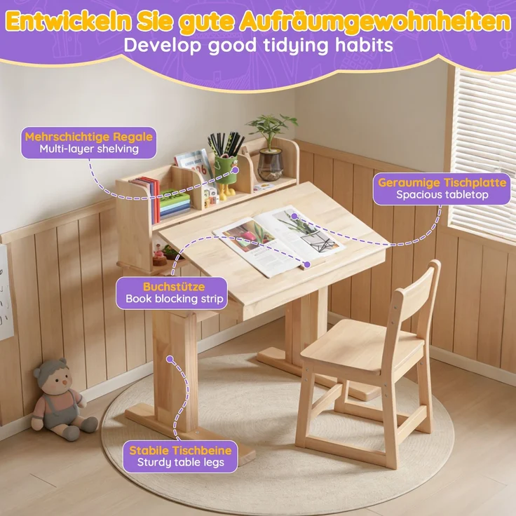 TavilaEcon Kindertisch Höhenverstellbarer Massivholz-Multifunktionsschreibtisch für Kinder natur 89–110,5 × 60 × 92 cm (H × T × B) – Bild 9