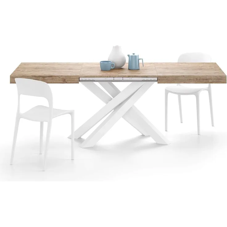 MOBILI FIVER, Ausziehbarer Tisch Emma 140, Eiche, mit weißen X-Beinen, Laminiert/Eisen, Made in Italy
