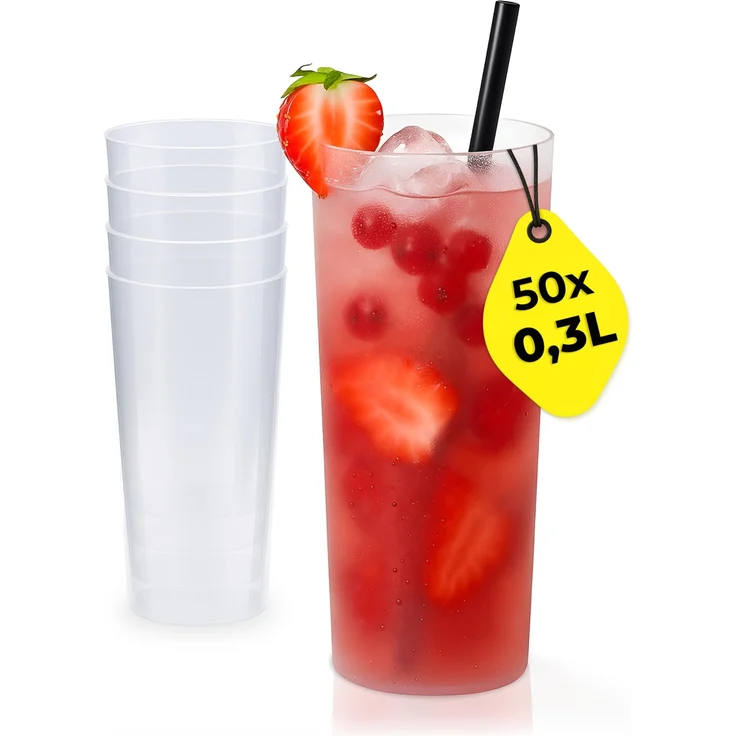Silverkitchen 50x Longdrink Plastikbecher 0,3 L – Stapelbare Mehrweg Partybecher - Spülmaschinenfeste Hartplastik Becher für Events, Partys & Gastro