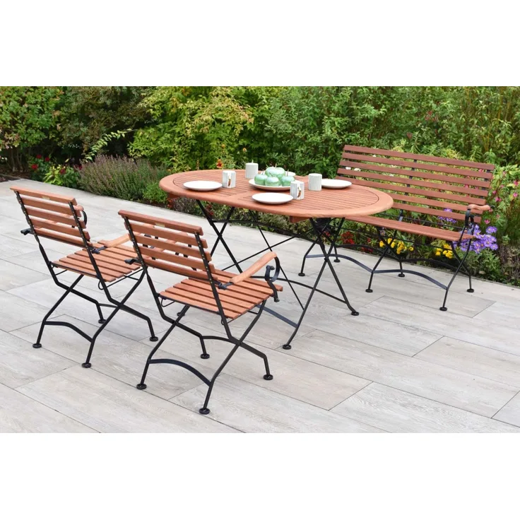 Schlossgarten Gartenmöbel Set 4tlg, 2 Klappsessel, Klappbank, Klapptisch 140 x 90cm, Flachstahl/Eukalyptus