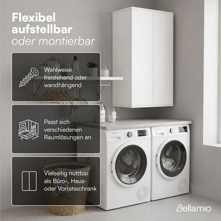 Bellamio 'Ais' Mehrzweckschrank, weiß, 110x33x60 cm, kleiner Aktenschrank mit 3 Fächern, Hängeschrank mit Push-to-open – Bild 5