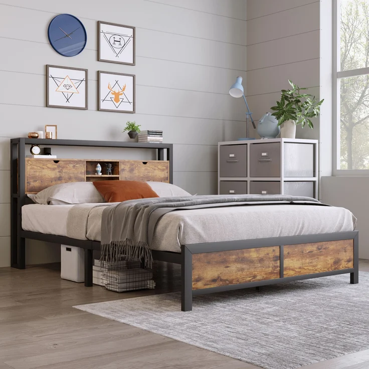 Metallbett mit Stauraum-Kopfteil & Metallgestell, 145x216x100 cm, Natural, ohne Matratze – Bild 4