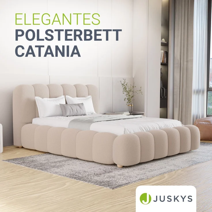 Juskys Polsterbett Catania - Bubble Design, gepolstertes Kopfteil, stabile Kontruktion - 140 x 200 cm - Beige – Bild 2