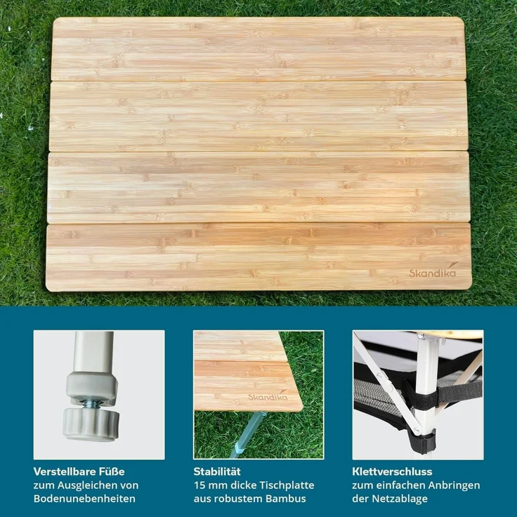 Skandika Campingtisch Tolja Bambus Falttisch mit Netzablage, 3-Fach höhenverstellbar (Netzablage (Klettbefestigung), Verstellbare Füße), Tragetasche, wetterfest, UV-beständig, Klapptisch für Garten, Balkon – Bild 4
