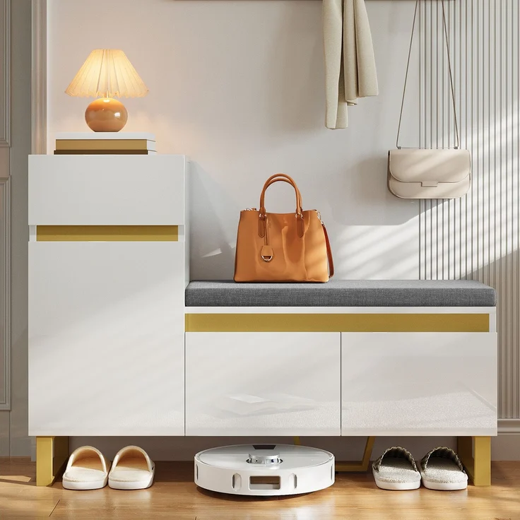 Schuhschrank MDF mit Sitzbank & Schublade, 120x35x85 cm, Weiß – Bild 1