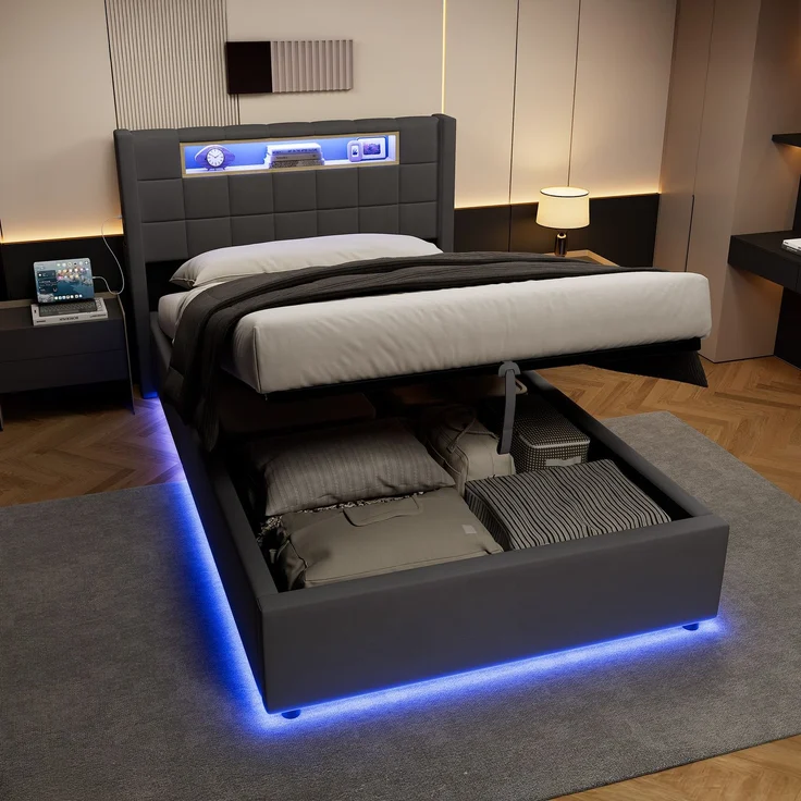 Polsterbett 90x200 cm mit hydraulischem Stauraum, LED-Beleuchtung und USB-Anschlüssen – Ohne Matratze – Bild 3