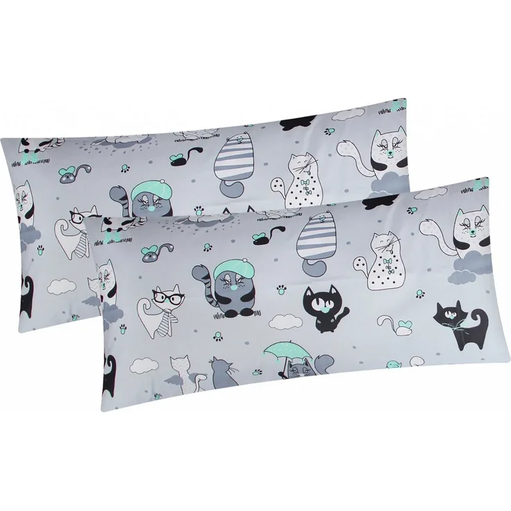 Heubergshop Kissenbezug, (2 Stück), 2er Set 40x80cm Katzen Grau Grün Kinder (BS-Katzen-Grün-40x80)