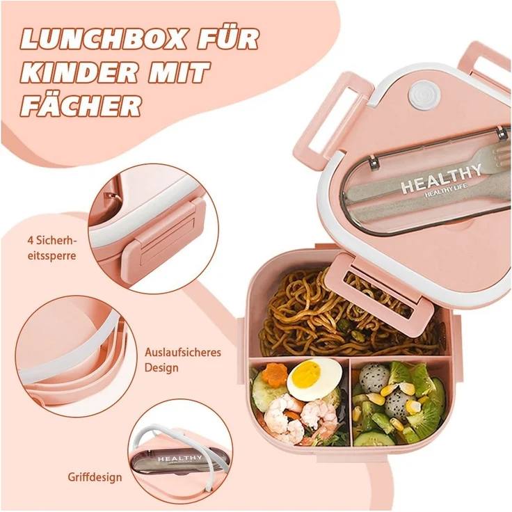 HT Lunchbox Lunch-Behälter (3 Fächer), Auslaufsicher & BPA-frei-mit Besteck, für Kinder und Erwachsene Brotdose mit Fächern – Bild 2