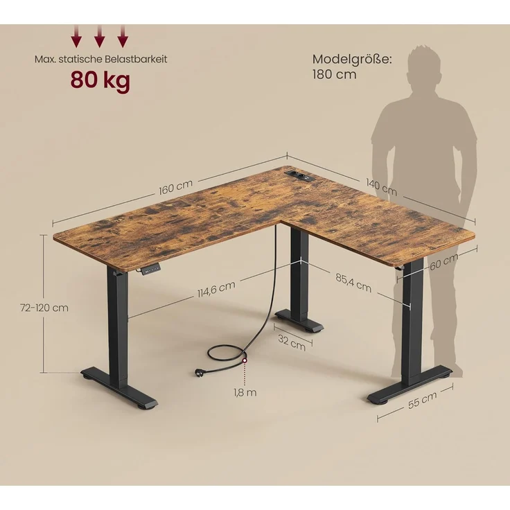 VASAGLE Höhenverstellbarer Schreibtisch elektrisch, L-förmiger Eckschreibtisch, mit Ladestation, Memory-Funktion mit 2 Höhen, Holz vintagebraun-tintenschwarz, 140x160 cm – Bild 3
