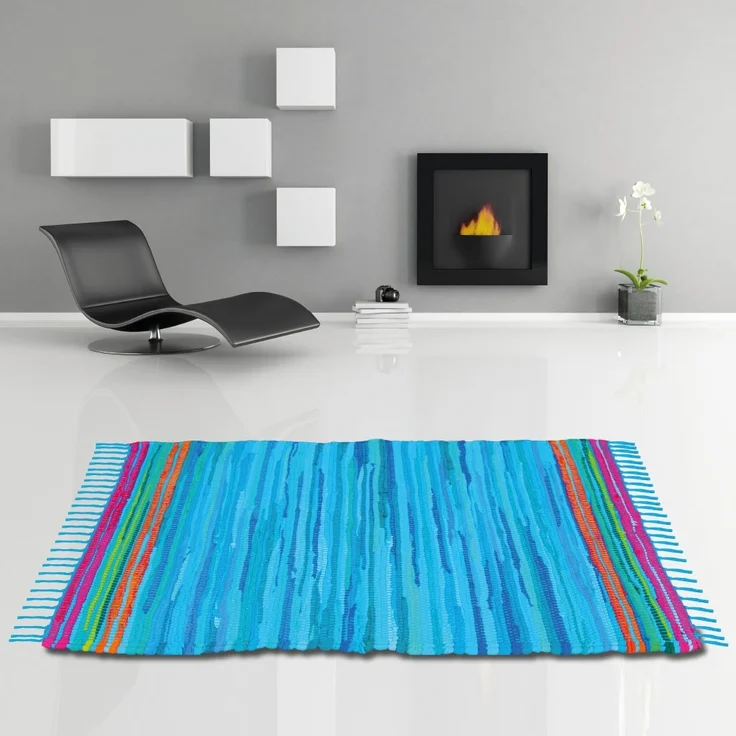 Flickenteppich handgewebter Teppich aus Baumwolle, stylischer und strapazierfähiger Fleckerlteppich in vielen verschiedenen modischen Ausführungen erhältlich (70 x 180cm / blau - dunkelblau) – Bild 9