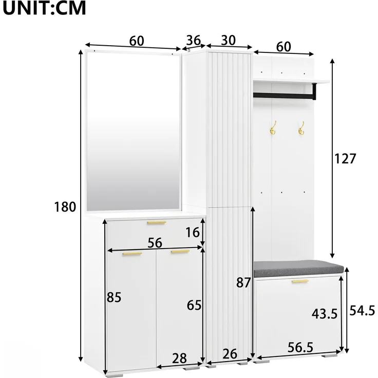 Garderobenset 150 x 36 x 180 cm mit Spiegel, Sitzbank und Schuh-Kippfach in Weiß – Bild 4