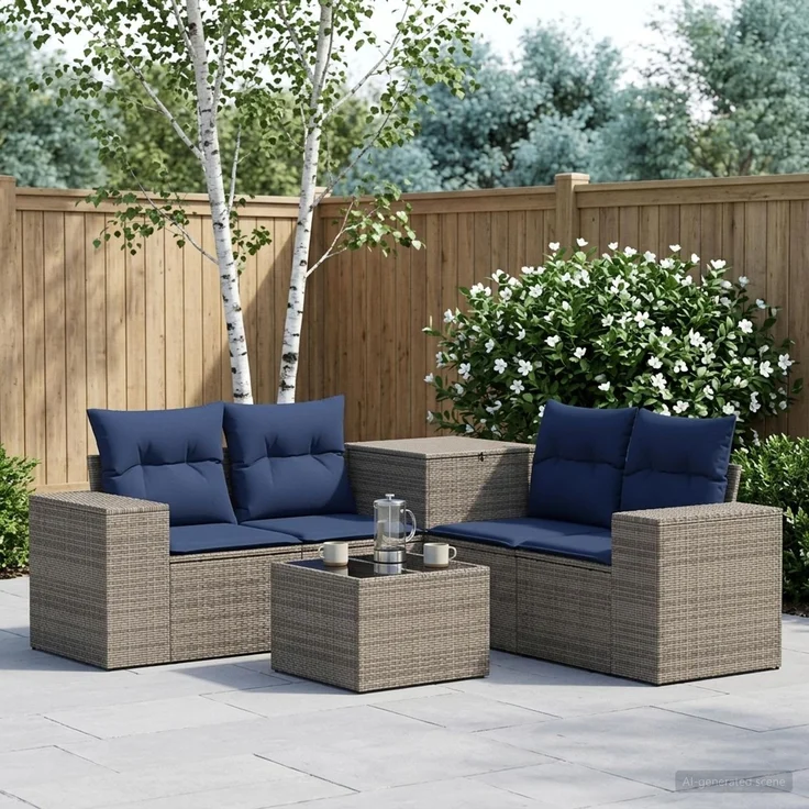 vidaXL Sofa Set 6 stk. Grau und Marineblau Polyrattan und Stahl 3447567 – Bild 1