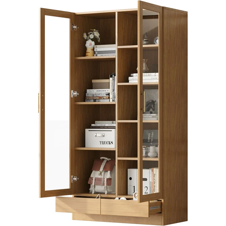 Glasvitrine (Büroschrank/Bücherregal/Aktenschrank/Aufbewahrungsregal) – Versetzte, nicht verstellbare Fachböden, grifflose Push-To-Open-Schubladen, 80*40*160 cm, Holzfarbe--Naturholz--80x40x160cm--YOUDENOVA – Bild 5