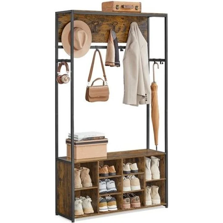 VASAGLE Kleiderständer, mit Schuhregal, Kleiderhaken, verstellbare Ablagen, Holzspanplatte, Stahl, vintagebraun-tintenschwarz, 32 x 100 x 180 cm – Bild 1