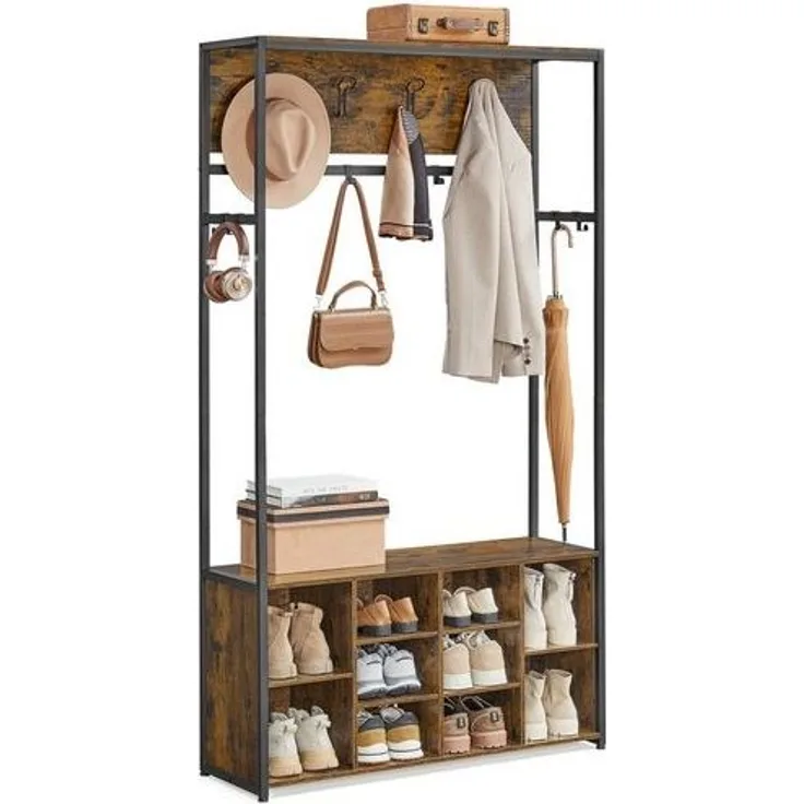 VASAGLE Kleiderständer, mit Schuhregal, Kleiderhaken, verstellbare Ablagen, Holzspanplatte, Stahl, vintagebraun-tintenschwarz, 32 x 100 x 180 cm