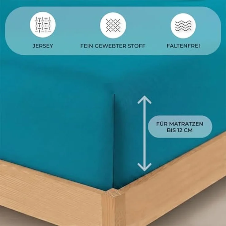 Buymax Topper Spannbettlaken 160x200 cm Spannbetttuch 100% Baumwolle Jersey für Matratzentopper bis 12 cm Matratzenhöhe Bettlaken für Boxspringbett Topper, Petrol – Bild 3