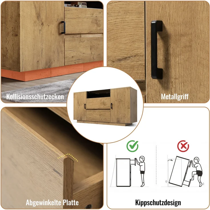 Merax Kommode Sideboard mit 2 Schubladen + 2 Schränken (innen höhenverstellbar) & offenem Fach - ESG-Glas & schwarze Griffe, H70/B140/T40 cm – Bild 6