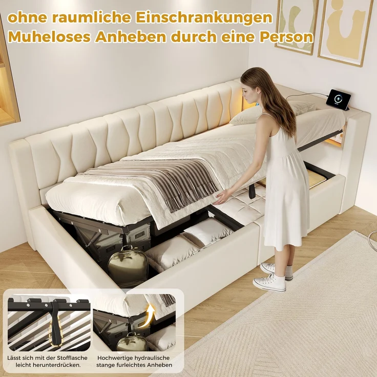 Daybett, Tagesbett, Schlafsofa,90x200cm, Ohne Matratze, Hydraulische Lagerung, mit dimmbarer LED-Leiste, mit praktischem Regal, mit USB-Anschluss, Beige – Bild 8