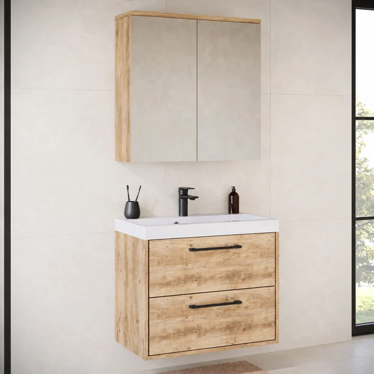 Badmöbel Komplettset Florence 60 x 35 cm Kastanie Eiche - Badezimmermöbel mit Waschbecken und Spiegelschrank – Bild 2