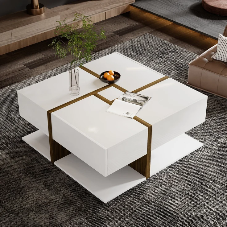 Couchtisch Hochglanz Quadratisch mit 4 Schubladen in Weiß/Holzfarbe - 78x78x34,8 cm – Bild 5