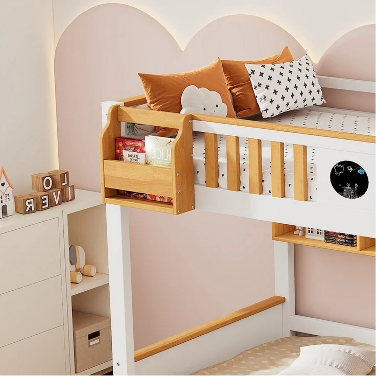 Flieks Etagenbett, Massivholz Kinderbett mit Stauraumtreppe und 2 Schubladen 90x200cm – Bild 2