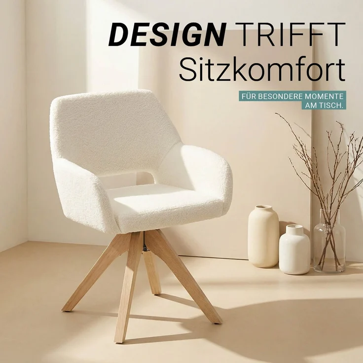 Esszimmerstühle Drehbar Set 4 Stühle für den Esstisch Drehstuhl mit Armlehne Teddystoff Weiß Polsterstühle Sessel Modern – Bild 6