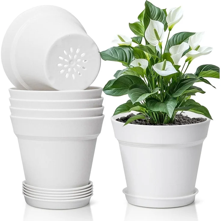 T4U 16cm Kunststoff Blumentopf mit Untersetzer, 6er-Set Weiß für Sukkulenten – Bild 1