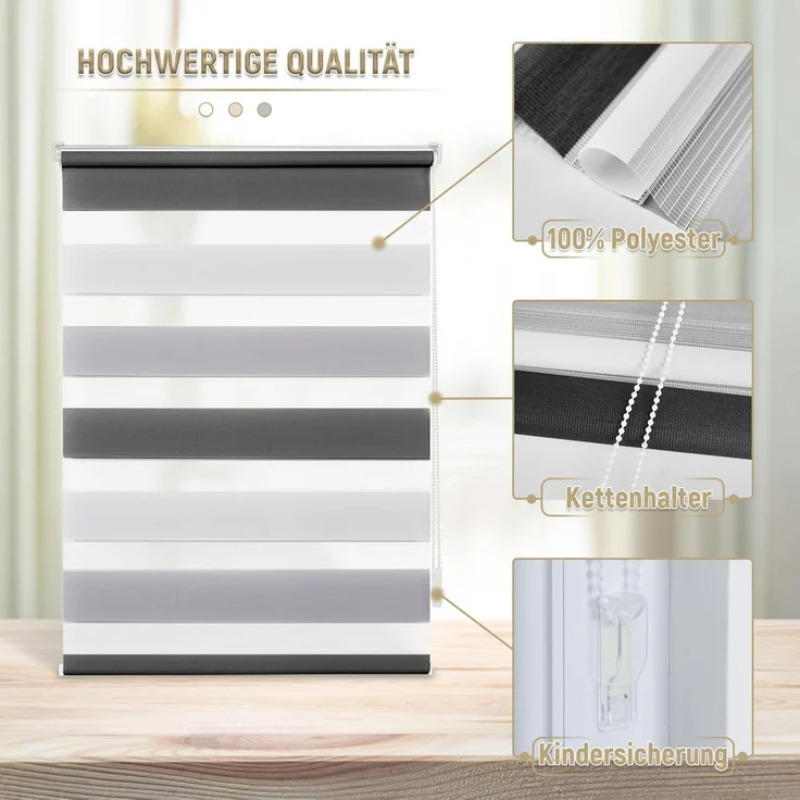 Deswell Doppelrollo Klemmfix ohne Bohren Weiß-Grau-Anthrazit B50 x H130 cm (Stoffbreite 46cm) Rollos für Fenster ohne Bohren für Fenster mit Lichtdurchlässig & Verdunkelnd/Höhe Stufenlos Verstellbar – Bild 3