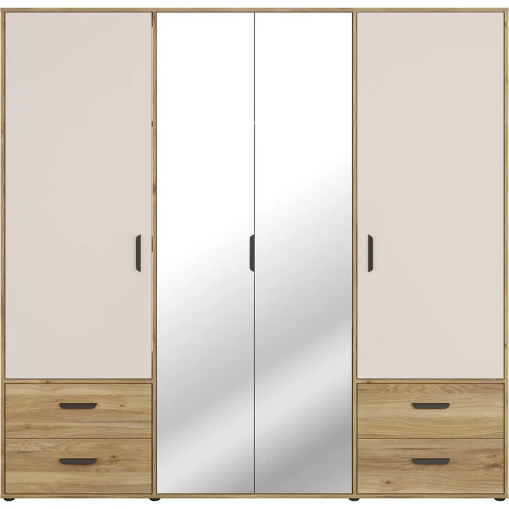 Forte MOKKARO Kleiderschrank 200, moderner Drehtürenschrank, 4-türig, 4 Schubladen, Spiegel, Mauvella Eiche Holzdekor|Kaschmir Beige, 205,9 cm breit x 200,1 cm hoch x 52,7 cm tief – Bild 2