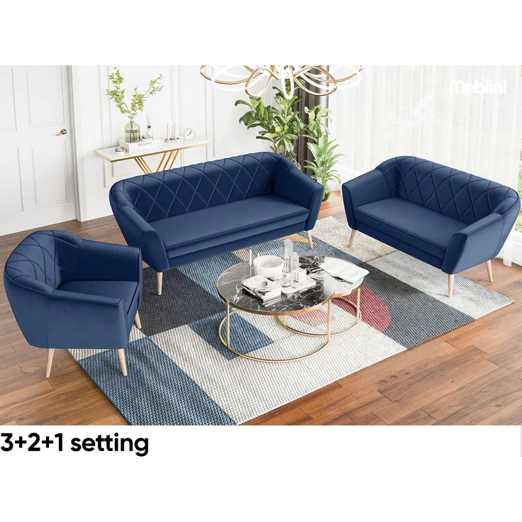 MEBLINI Sofa-Set GISELA 3+2+1 - Blau Samt - für Wohnzimmer - Mini Lounge für sechs Personen - Küchensofa - Sofa Klein - Sitzgarnitur - Polstergarnitur - Sofagarnituren – Bild 2