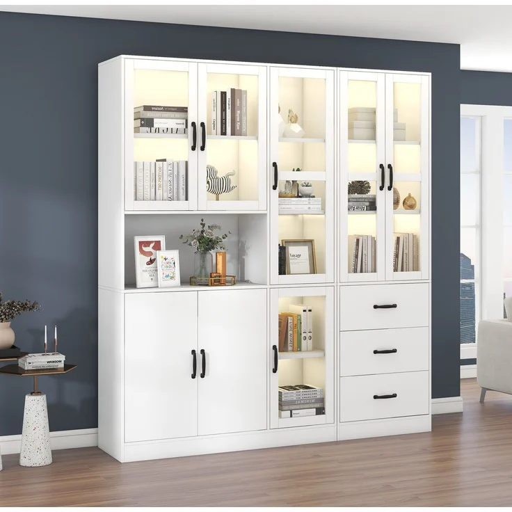 DESVIAE Vitrine Kombi-Set Weiß aus Spanplatte – 180x200x40 cm – LED-Beleuchtung, 8 Türen, 3 Schubladen – Bild 2