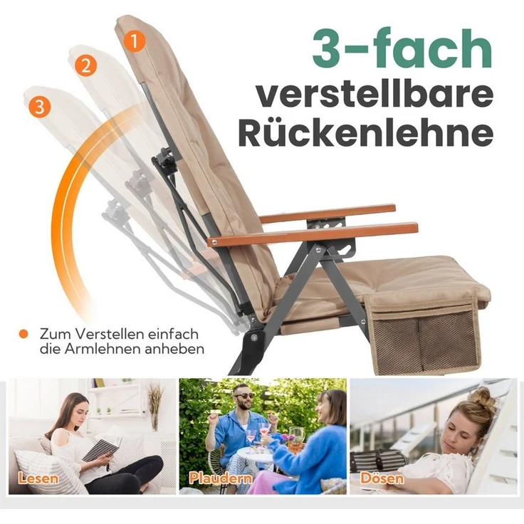HOMECALL Campingstuhl Faltbar Hochlehner Luxus Klappstuhl mit 4,5cm Dicke Gepolstert (150kg Belastbar mit 3 Positionen Verstellbar Angelstuhl, 1 St), für Garten Balkon Wohnmobil – Bild 3