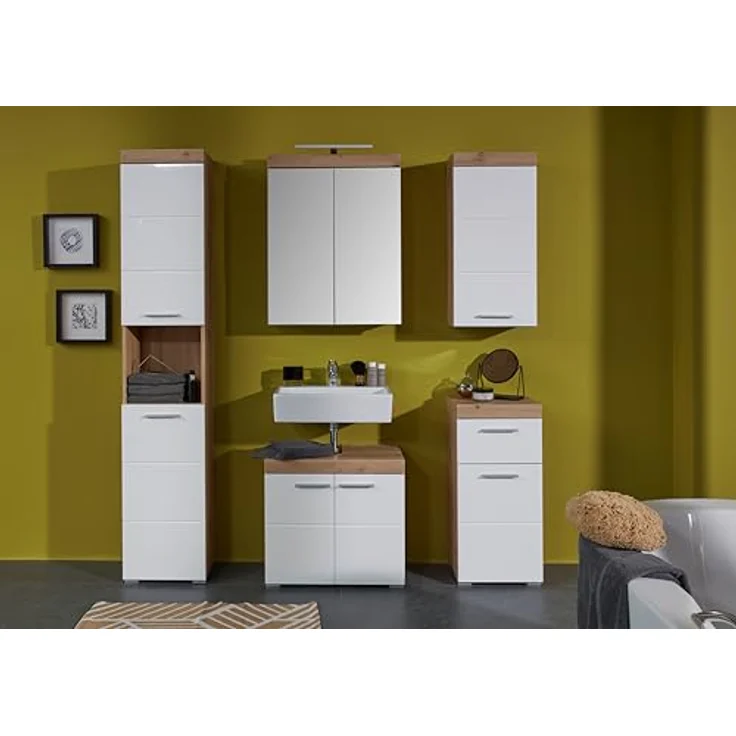Trendteam 'Amanda' Waschbeckenunterschrank, Hochglanz, 56 x 34 x 60 cm, Weiß / Eiche – Bild 6