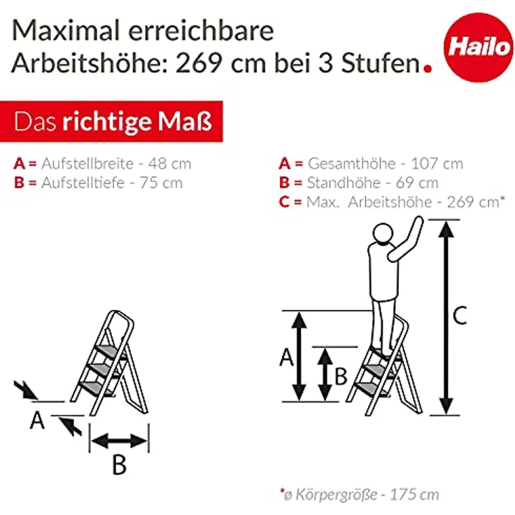 Hailo HobbyStep Stahl-Klapptritt-Leiter - 3 breite Stahl-Stufen mit Anti-Rutsch-Matten belastbar bis 150 kg - Trittleiter mit Klappsicherung - geriffelter ganzflächig aufstehender Steckfuß - weiß – Bild 6