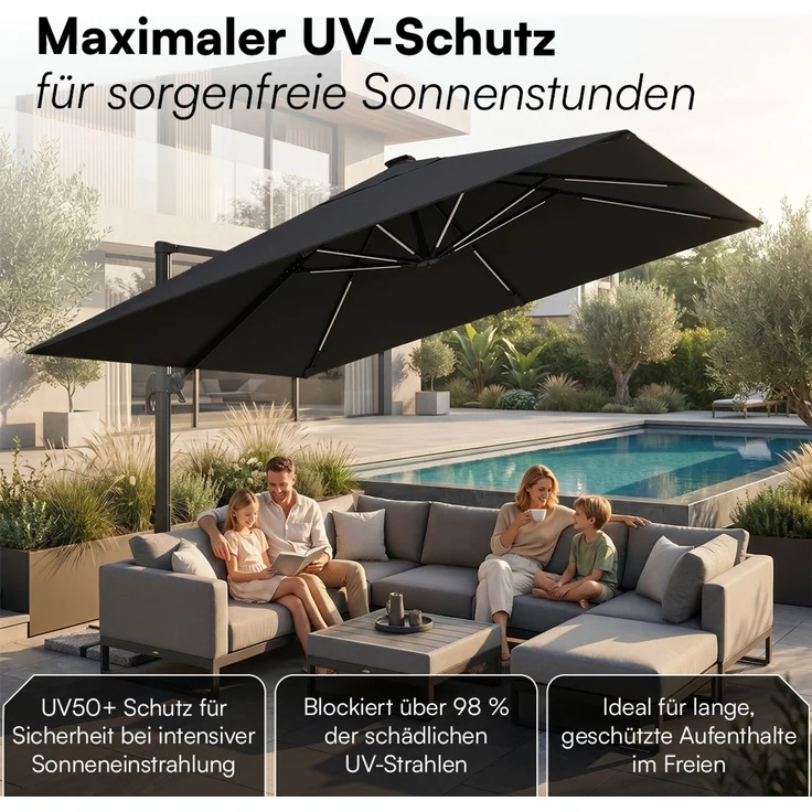 STEELSØN 'Elaris' Premium Sonnenschirm 300x300 cm quadratisch mit LED, neigbar und 360-Grad drehbar, schwarz, Ampelschirm inkl. Hülle, extrem robuste Metall-Stange, 220 g/m² Polyester, UV50+ – Bild 10