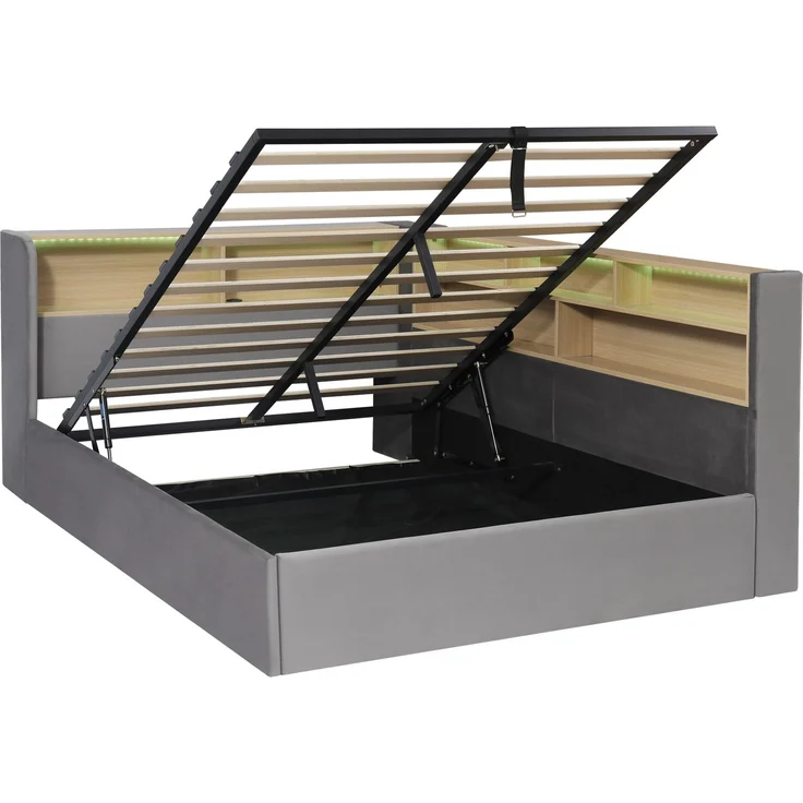 Daybett 140x200 cm mit hydraulischem Stauraum, Polsterbett, Tagesbett, Schlafsofa mit LED, USB & Rückenlehne, Samt, grau – Bild 10