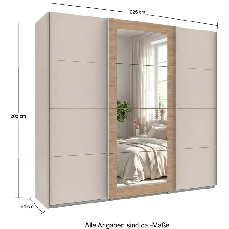 Schwebetürenschrank 3-trg. Kleiderschrank 225 cm Beige Grau, Eiche Natur Spiegel – Bild 8