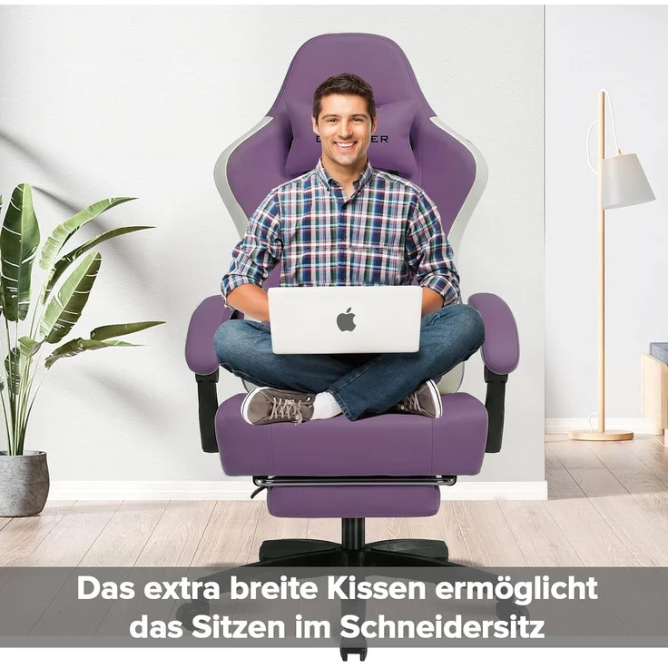 GTPLAYER Gaming Stuhl Ergonomischer Gaming Sessel Schreibtischstuhl Kunstleder, Federsitzkissen, Verbindungsarmlehnen und Fußstütze 150KG, lila – Bild 2