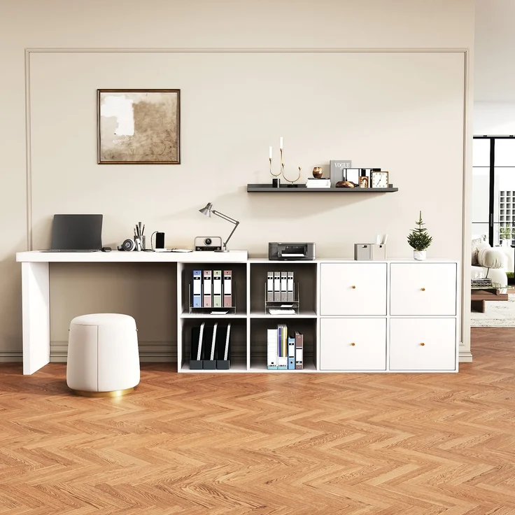 Flieks rechter Ecke 360° Drehschreibtisch, L Eckschreibtisch mit Sideboard, 4 Fächern & 4 Schubladen, 120×48×78 cm + 140×35×73.5 cm, Weiß – Bild 3