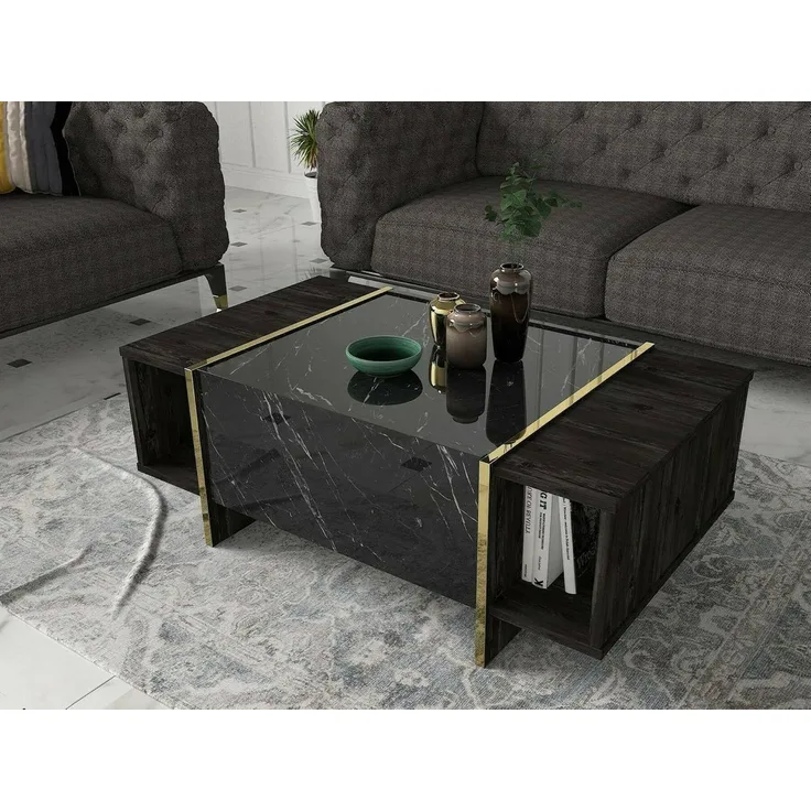 Dmora - Couchtisch Miram, Couchtisch, Zeitschriftenständer für Sofa, Ablage für Wohnzimmer, 104 x 60 x 37 cm, Schwarz und Gold