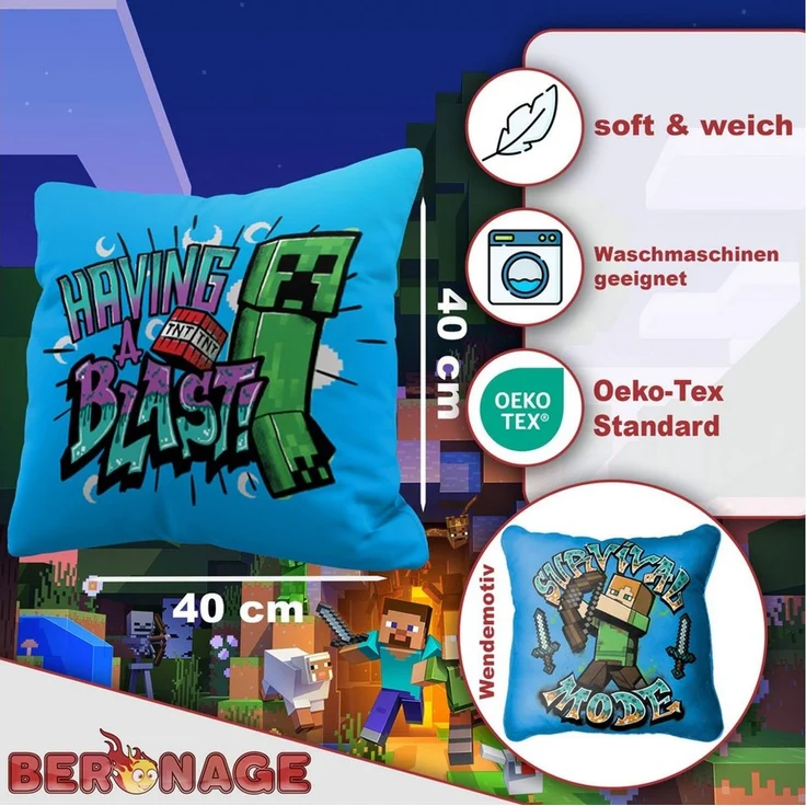 BERONAGE Dekokissen Minecraft Kissen Blast 40x40 cm Creeper TNT Survival Mode Kuschelkissen, passend zur Bettwäsche, ideal für Sofa, Couch, Kinder-Bett, Auto – Bild 1