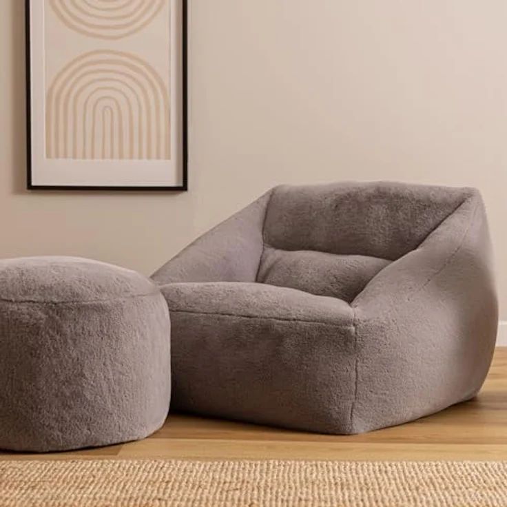 Icon Natalia Sitzsack Sessel für Erwachsene mit Hocker, Grau, Flauschiger Kaninchen Kunstfell Stoff, Riesen Sitzsack mit Füllung, Bean Bag, Bequemer Sessel Wohnzimmer, Lounge, Schlafzimmer, Büro – Bild 5